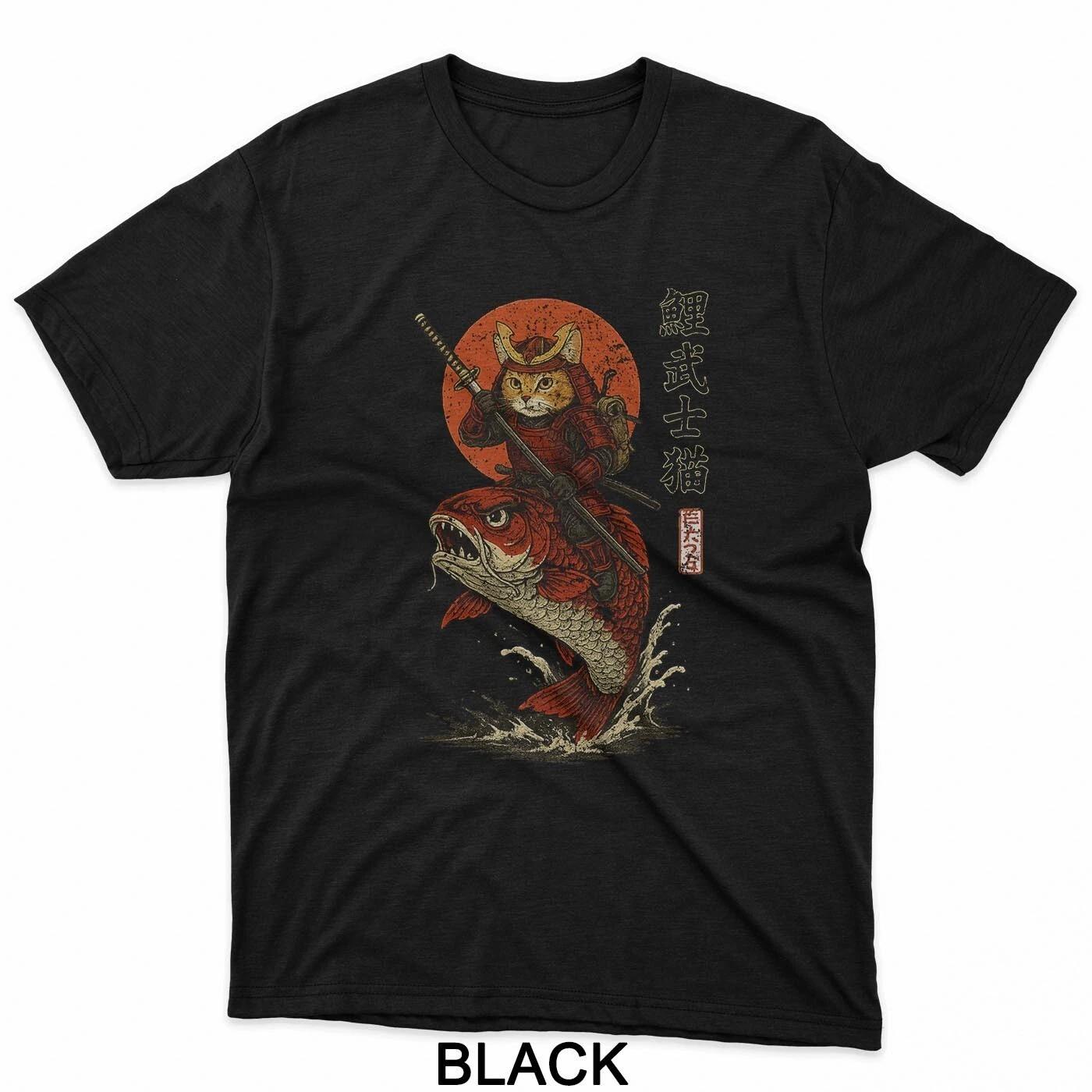 Samurai Cat Riding Koi with Rising Sun T-Shirt M