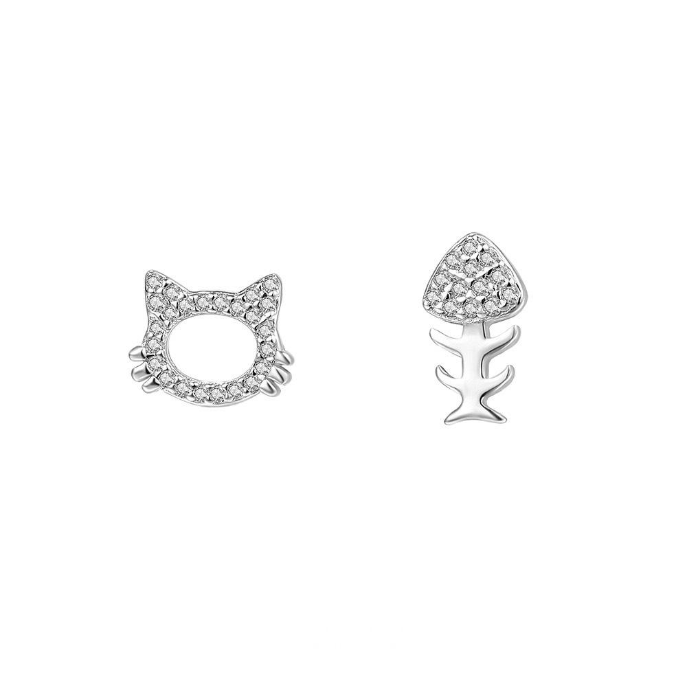S999 Sterling Silver Asymmetrical Cat Bone Stud Earrings for Women - Cute, Small, and Exquisite Accessories for Ear Hole Care