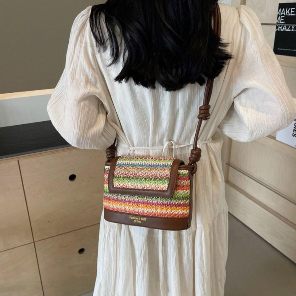 Trendy Large Capacity Weave Bag Shopping Bag PU Leather Straw Bag Fashion Colorful Bohemian Shoulder Bag Summer