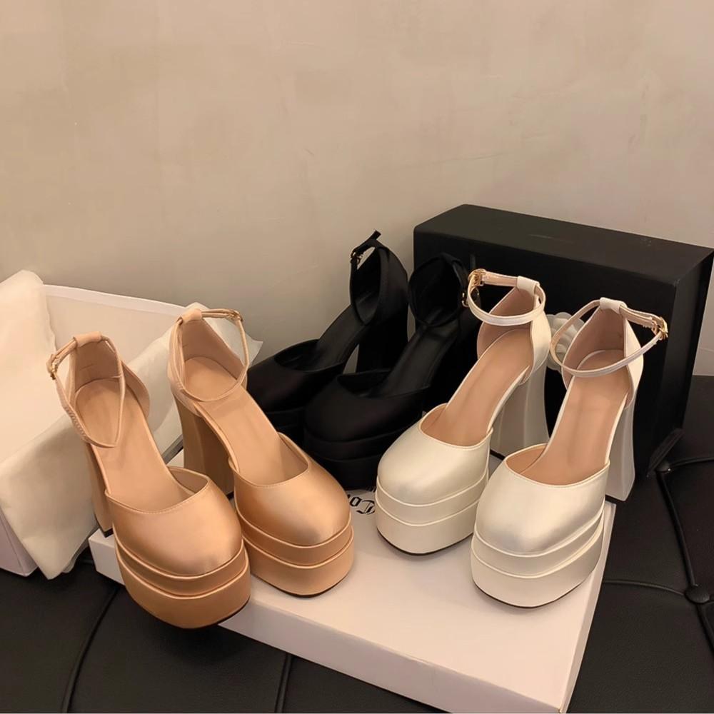 Salto Alto Preto de Salto Grosso Que Não Cansa Seus Pés, Cetim Impermeável Plataforma Retrô Mary Jane Sapatos Femininos