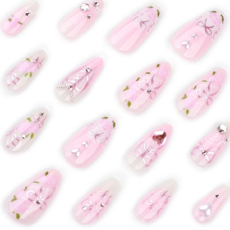 24Pcs Almond Fake Nail Press On Nail Artificial Acrylic Nail Glues On Nail Bows Heart Designs French Tips False Nail