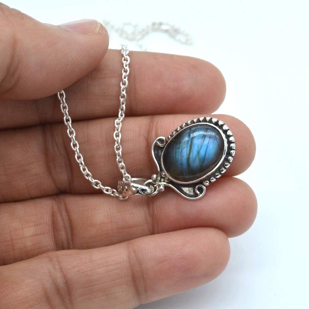 Natürliche Labradorit-Halskette aus 925er Sterlingsilber, lange Kette in Silberdesign, lange Halskette für Frauen