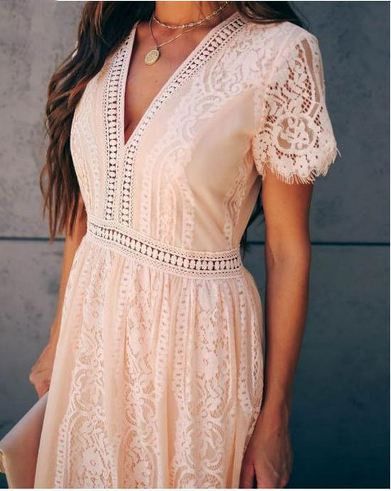 European & American Lace V-neck Short Sleeve Dress