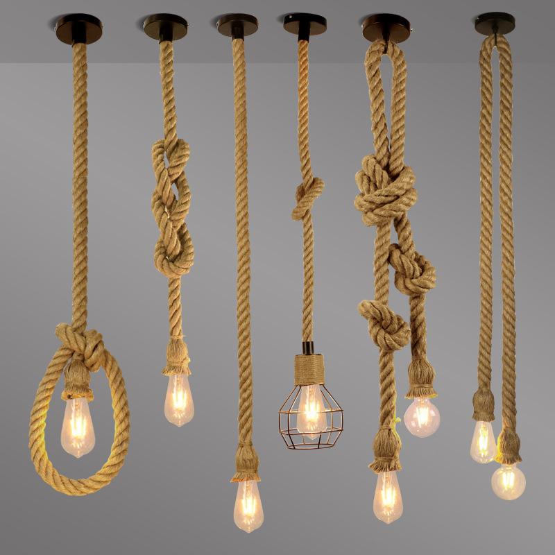 Vintage Sisal Rope Tie Pendant Lamp Retro Loft Hanging Ceiling Lights Chandelier Creative Industrial Home Room Office Wall
