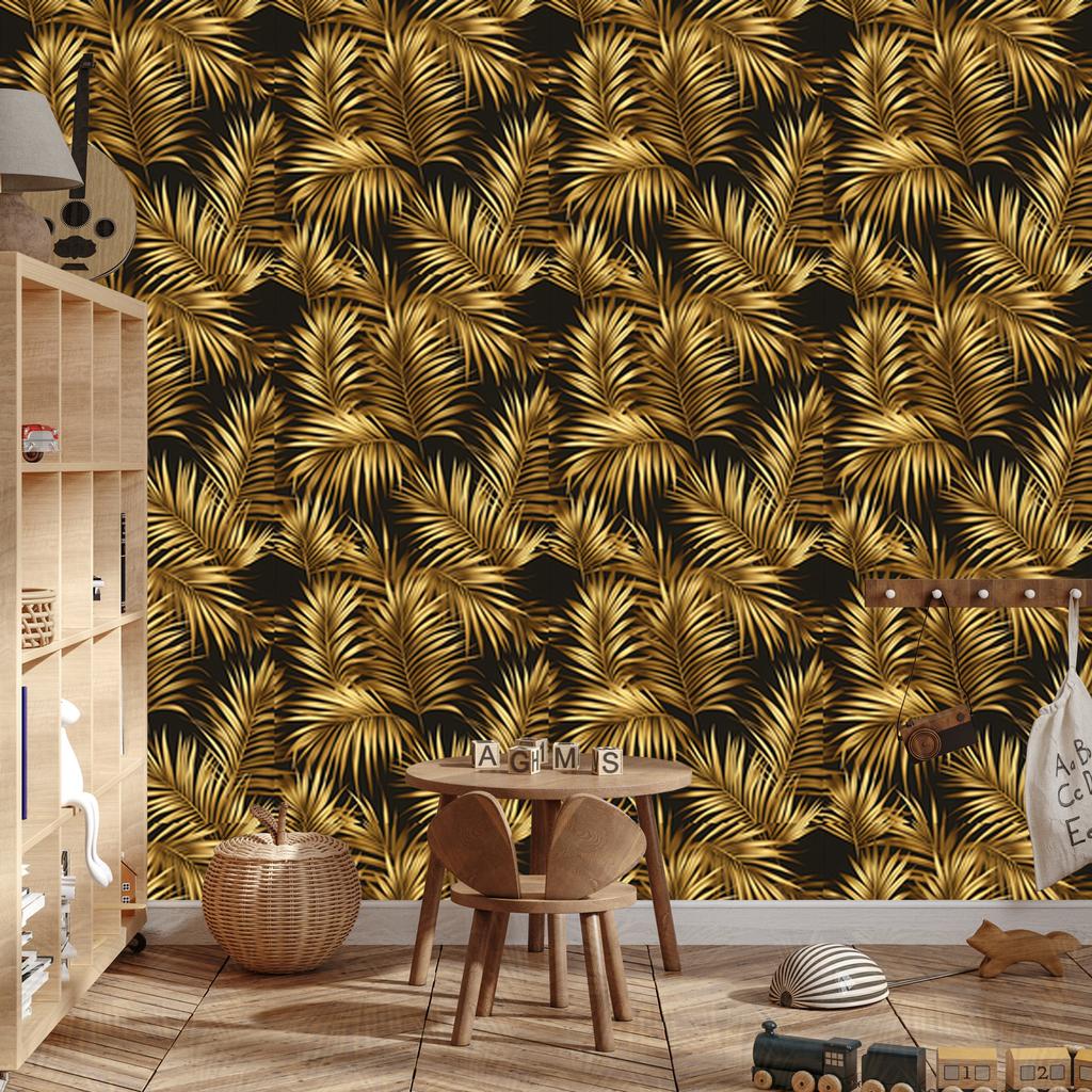 Flowers and Leaves Wallpaper Ochre, Gold, Black and Brown 50x1000