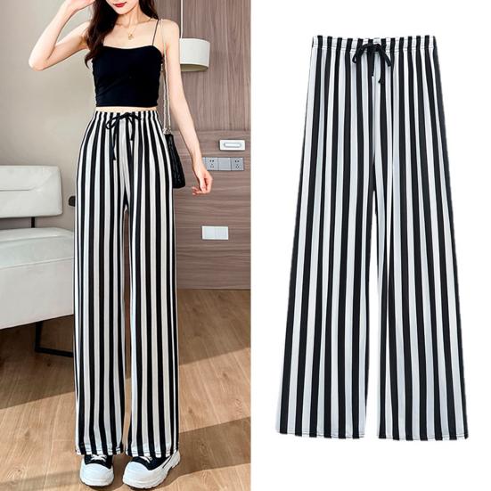 Women Summer Casual Pants Elastic Waist Adjustable Tie Straight Wide Leg Long Trousers Camouflage Striped Print Lounge Pants Streetwear