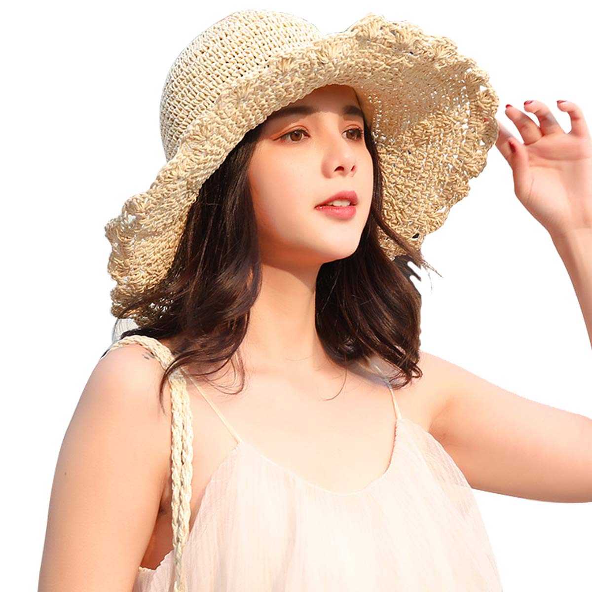 

Straw UV Wide Breathable [Sandy ting] Women s Hat, Spring/Summer, Protection, Stylish, Foldable, Sunshade, Face-Slimming Effect, Brim, Ribbon, бежевый