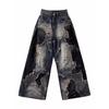 Amerikanische Retro Schwarz Tie-Dye Ausgefranste Weitbeinige Zerrissene Jeans für Damen - Trendiger Frühling Stil