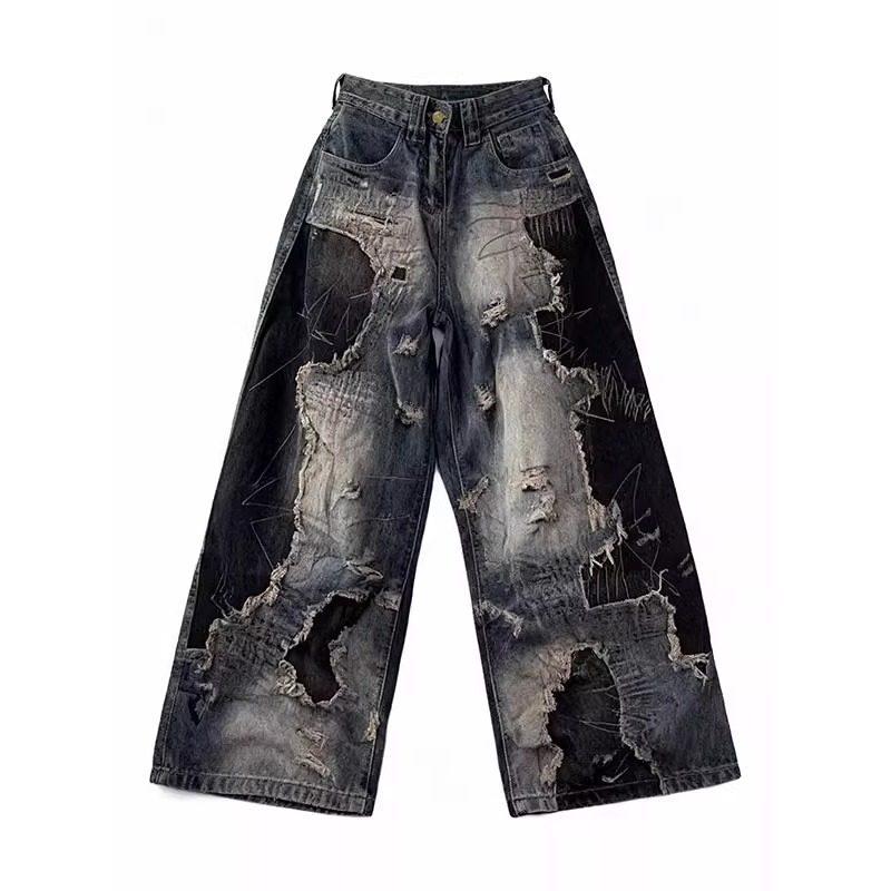 Amerikanische Retro Schwarz Tie-Dye Ausgefranste Weitbeinige Zerrissene Jeans für Damen - Trendiger Frühling Stil