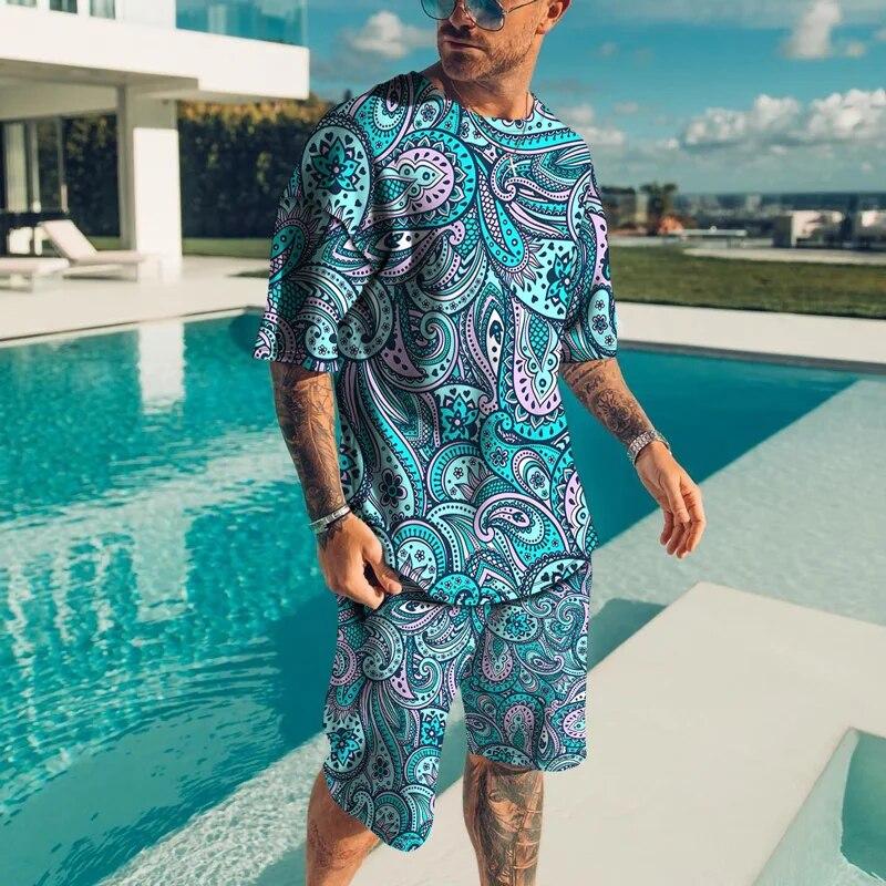 Personality Harajuku 3D Men's T-shirt Sets Casual Streetwear Oversized T-Shirt Shorts 2 Piece Set Summer Tracksuit Man Clothing