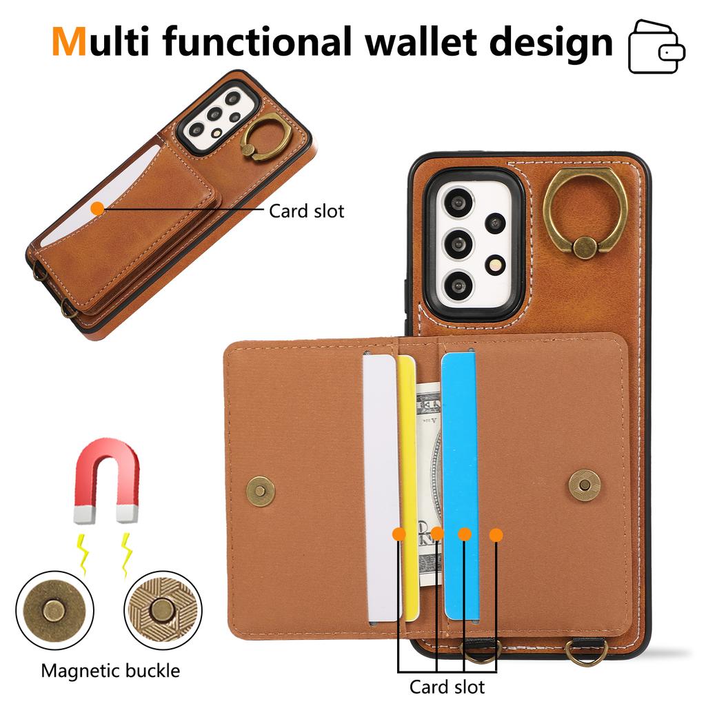 For Samsung Galaxy A53 5G PU Leather Back Case Card Holder Kickstand Phone Cover with Wrist Strap
