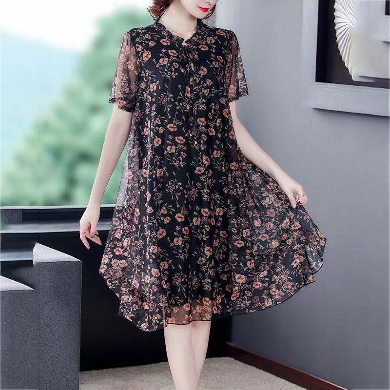 

Шифоновое платье с цветочным принтом L-XXXXXL женское летнее вуаль с короткими рукавами и круглым вырезом, легкое и дышащее XXXXXL чёрный