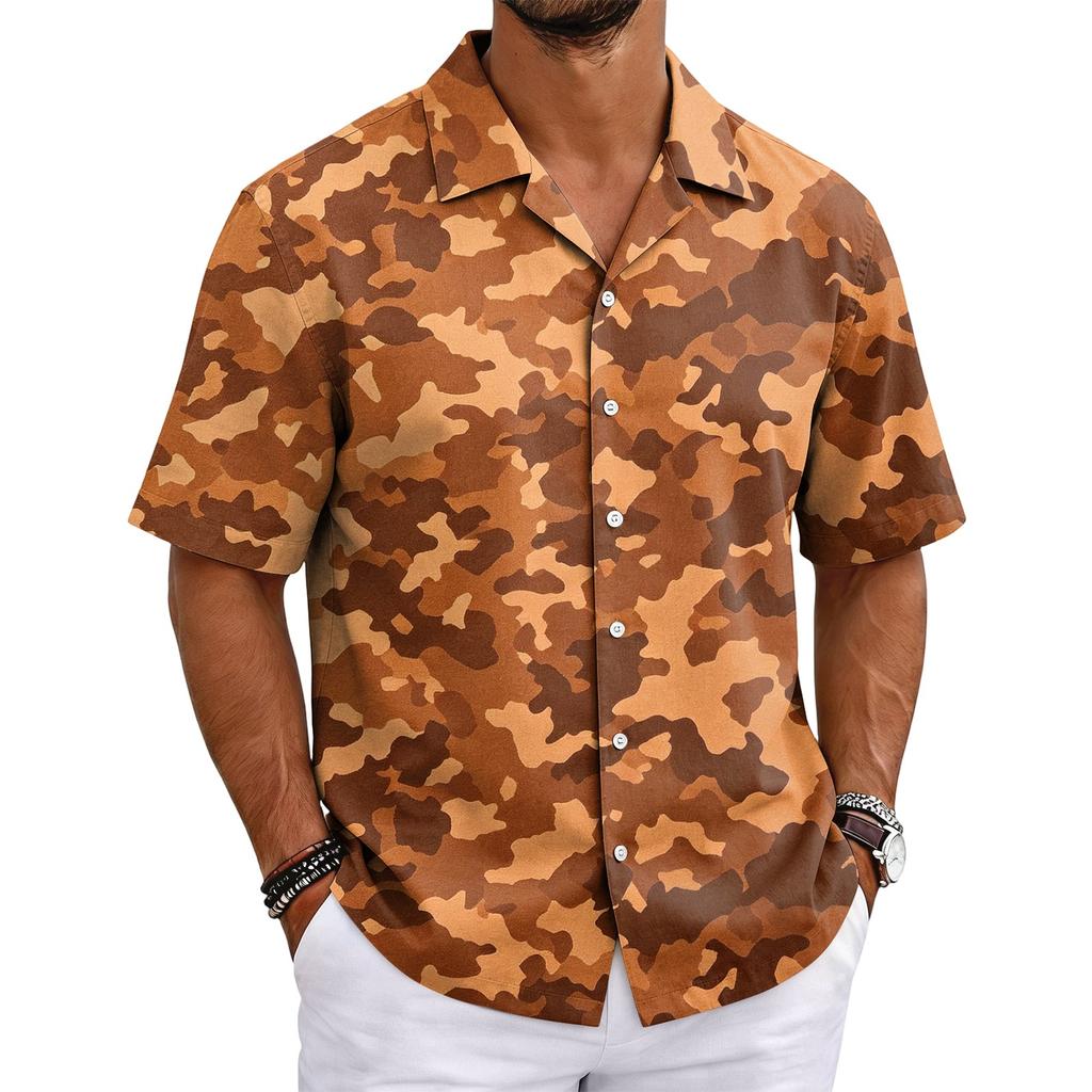 Men's Camouflage Short Sleeve Cuban Collar Shirt Lightweight Breathable Casual Button Down Shirt Summer Beachwear