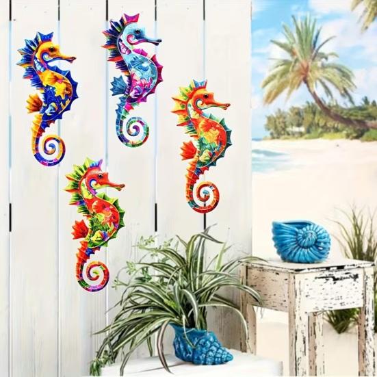 4Pcs Wooden Seahorse Wall Art Set Rustic Garden Fence Decor for Patio Living Room Bedroom Coastal Nautical Ornaments for Home Outdoor