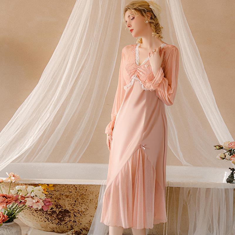 Women Sexy Sleepshirts Lace Patchwork Mesh V-neck Dress Nightgowns Porn Translucent Long Lounge Comfortable Clothing
