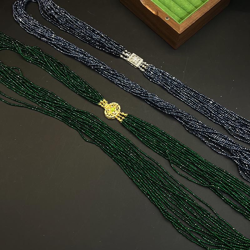 Green Baby's Breath Crystal & Rice Bead Long Necklace - Trendy Dual-Use Sweater Chain for Women