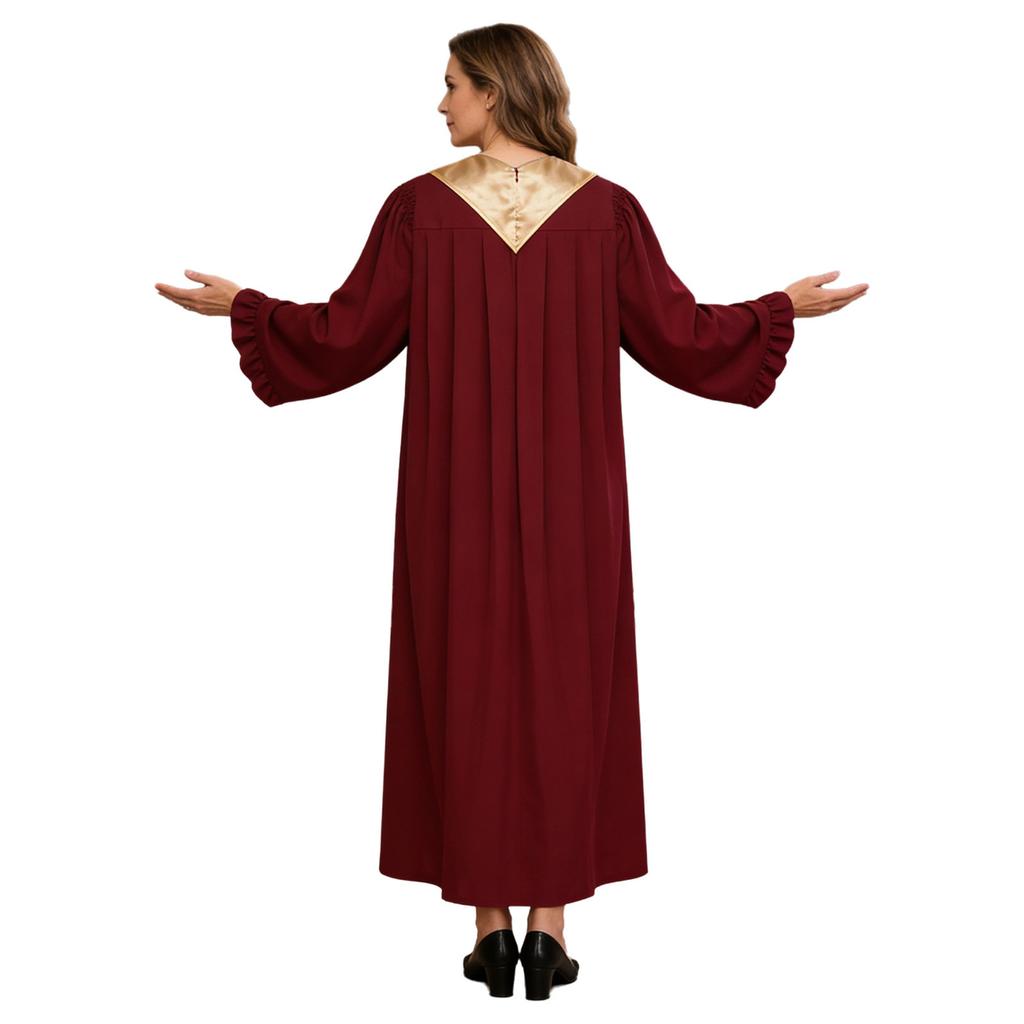 S-XXL Women Choir Robe Flared Long Sleeve Ruffled Trim Color Block Sash Long Priest Cassock for Church Activities