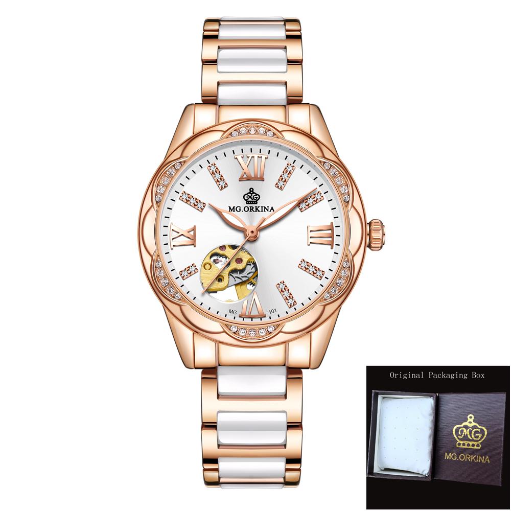 ORKINA Damen Luxus Automatische Mechanische Uhr Elegante Roségold Edelstahl Wasserdichte Armbanduhr Damenuhr