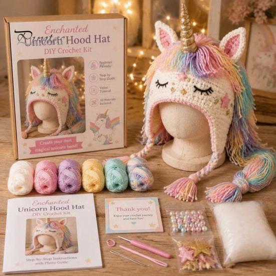 Handmade Fantasy Headwear Hood Crochet Kit, Cute Animal Hat DIY Dragon Unicorn Cat Ear Knitting Project Skull Earflap Craft Kit for Adults, Halloween