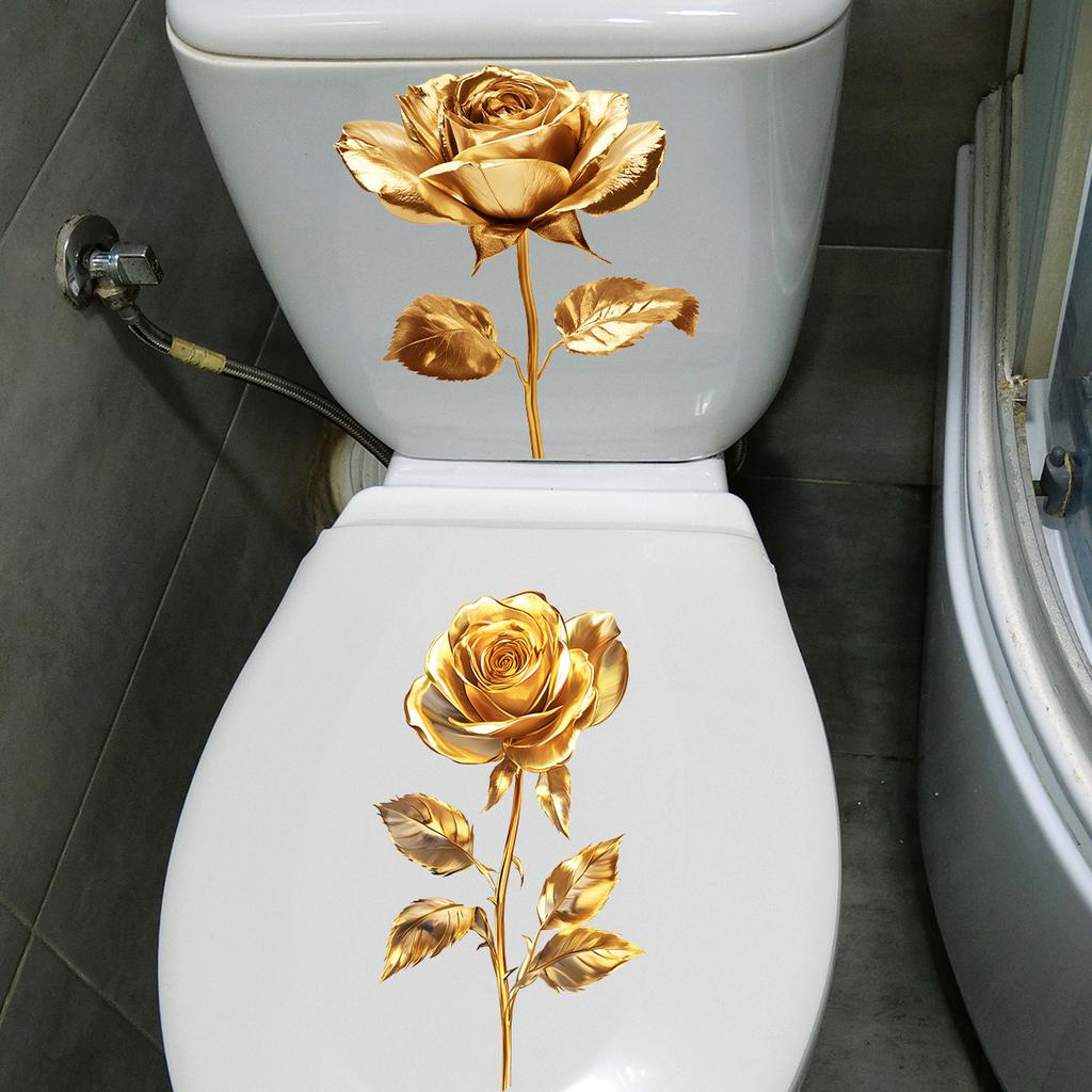 Golden Rose Toilet Seat Stickers Waterproof Self Adhesive Bathroom Decor Floral Decals Toilet Background Art Posters Decor
