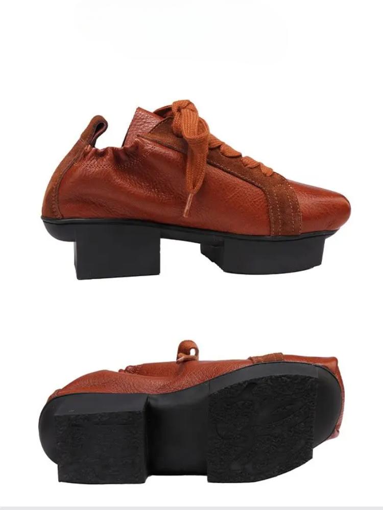 Johnature Women's Shoes Genuine Leather Square Toe Soft Cowhide Lace-up Versatile Mid Heel Pumps