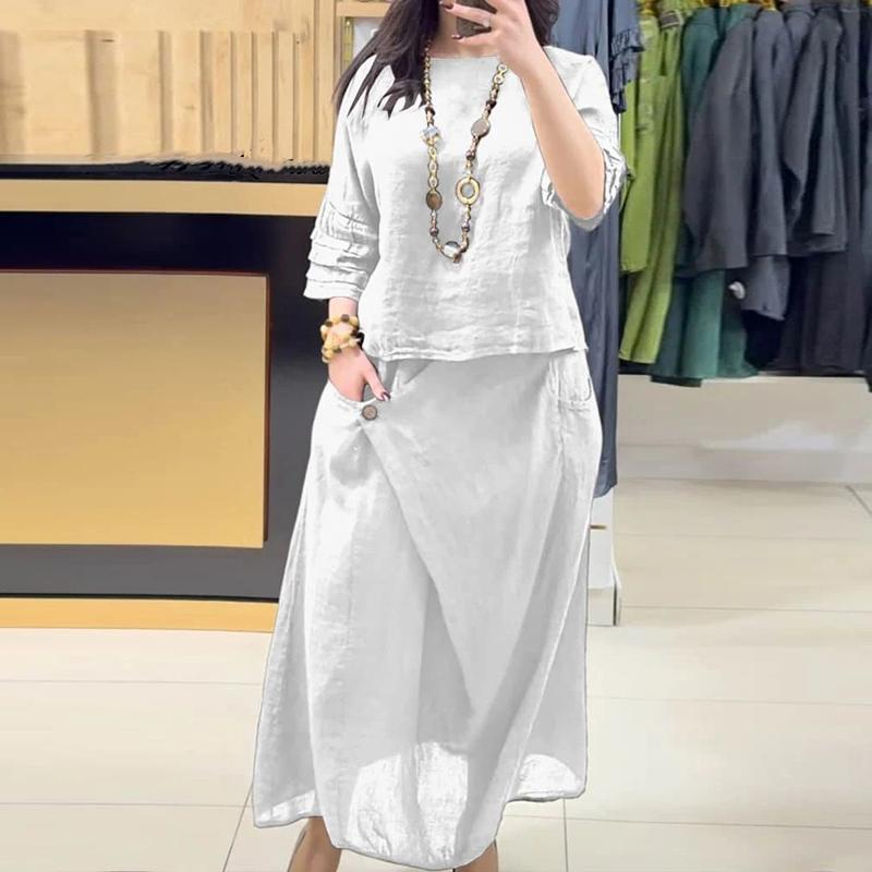 

Casual O Neck Top Pullover A-Line Skirts Cotton Linen Set Woman 2 Pieces Half Sleeve Loose Outfit Spring Vintage Suit Harajuku S белый