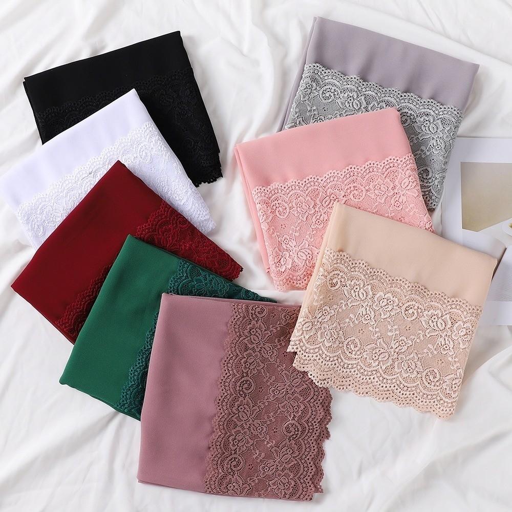 Solid Color Silk Scarf Lace Edge Ramadan Headscarf Versatile Sunscreen Shawl  Women Headwear