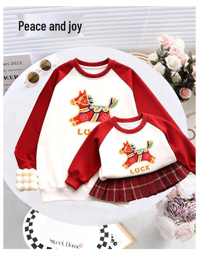 Family Matching Autumn/Winter Round Neck Sweatshirt - Red Festive New Year Print for Parent-Child Trio