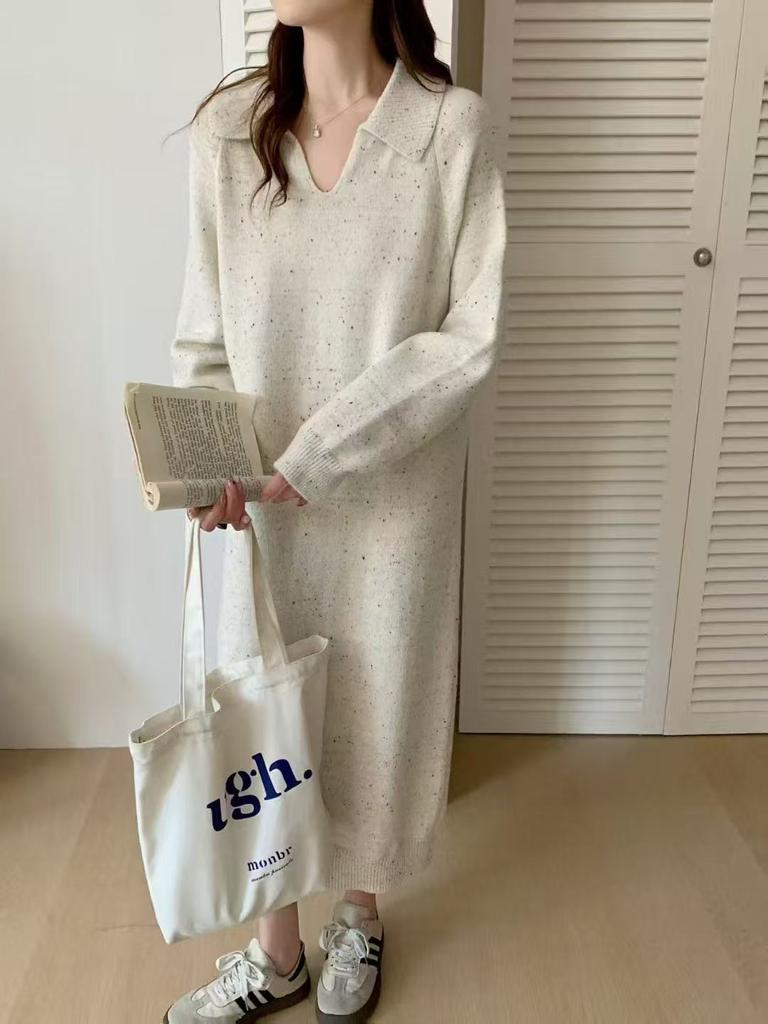 Long Knitted Dress for Women's Autumn and Winter New Loose and Lazy Polo Collar with Coat Backing Sweater Dress for Women