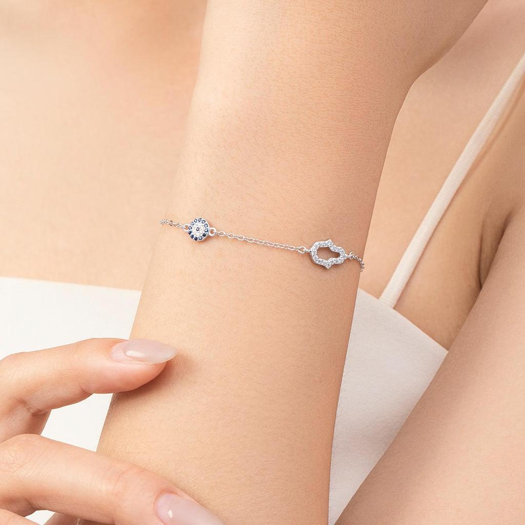 MODIAN 925 Sterling Silver Shining Clear CZ Hand Blue Eyes Bracelet Adjustable Chain Link For Women Birthday Gift Fine Jewelry