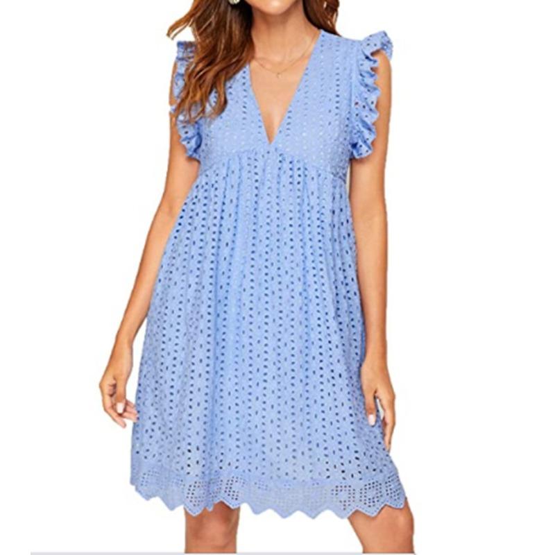 QICED Fashion Summer Spring Solid Color Print Sleeveless V-Neck Casual Dresses