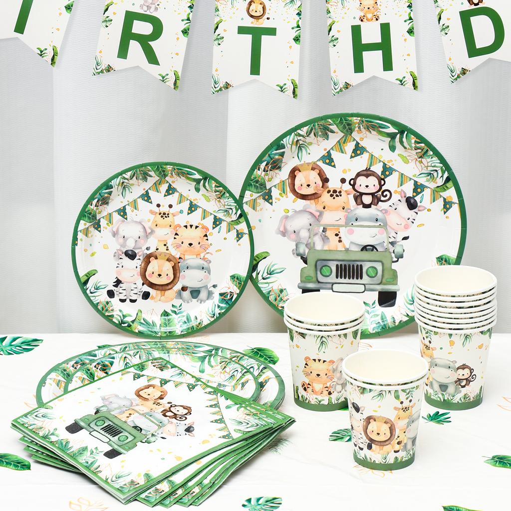 Jungle Safari Disposable Tableware Paper Plates Cups Animal 1st Wild One Birthday Party Decor Kids Baby Shower Supplies Woodland
