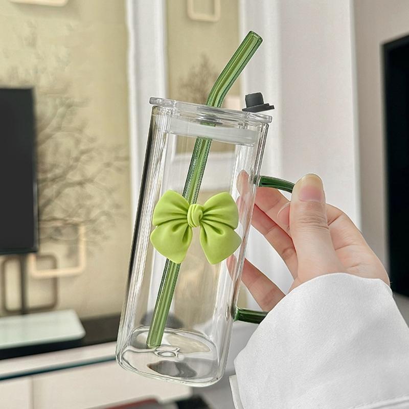 400ml quadratischer Glasbecher mit Strohhalm und Schleifenakzent Hitzebeständiger Wasserbecher für verschiedene Getränke