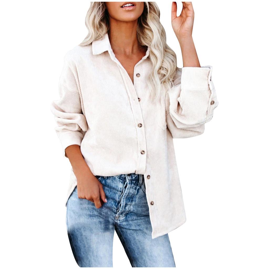 Womens Casual V Neck Long Sleeve Button Corduroy95%polye Casual Blouse Coat Tops