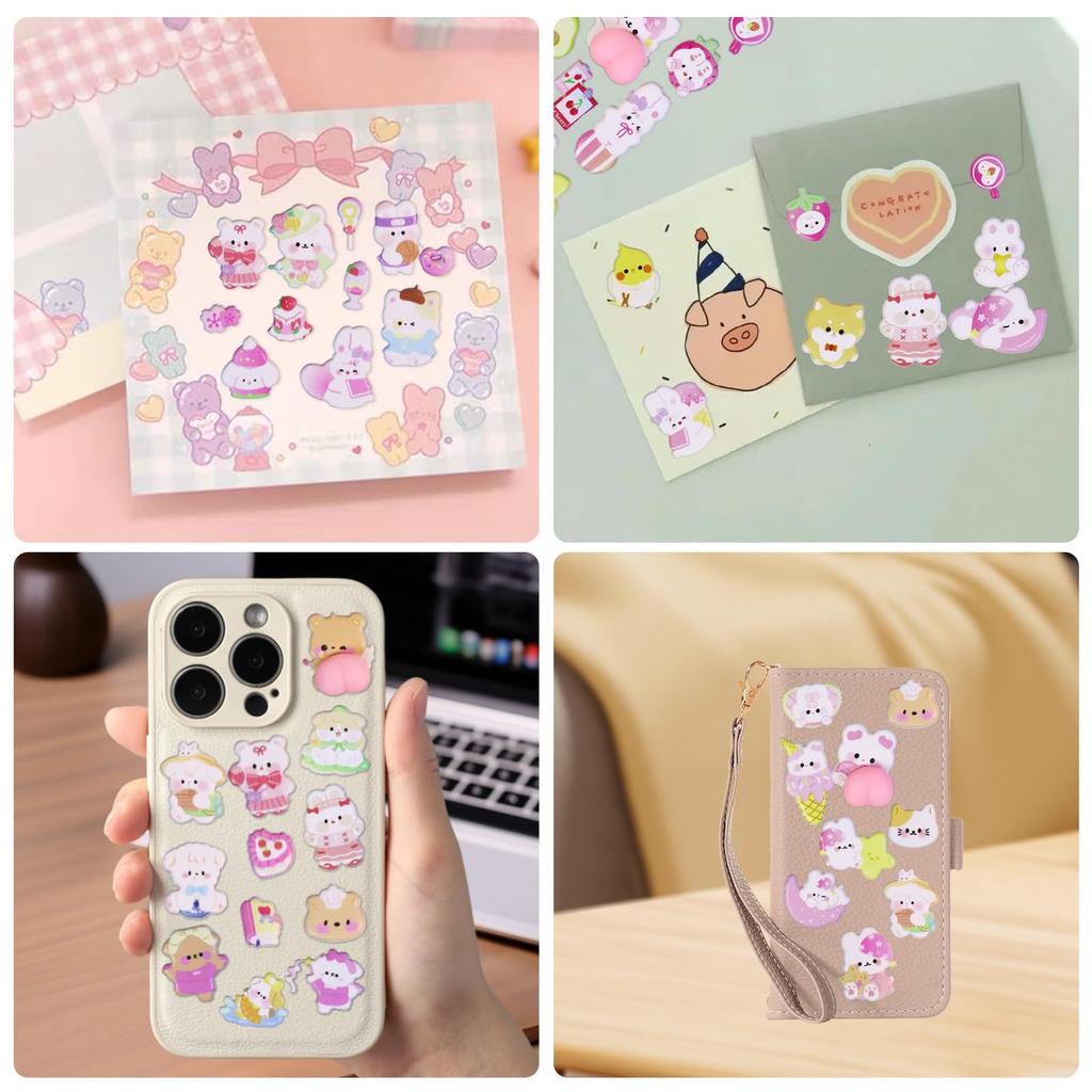 Set of 4 Squishy 3D Stickers with Cute Animal Perfect for and Sticky Decorations for Kids and Craft and Gifts Characters, Decorating, Treats, Diaries,