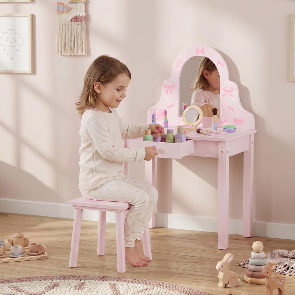 Kids Vanity Table Set 2 In 1 with Stool for Girls 3-6 Pink