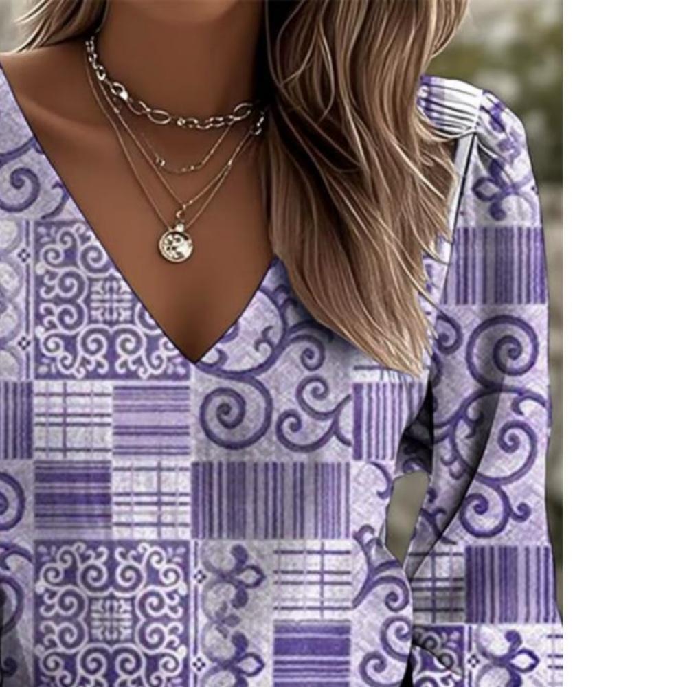 Printed Retro V-neck Women's Geometric Pattern Long-sleeved Top, New Style Women's Retro Western-style Printed V-neck Blouse