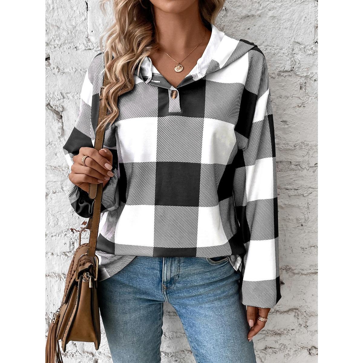 

Autumn Winter New Women s Oversized Plaid Print Neutral Casual Button Long Sleeve Hooded Sweatshirt S чёрный