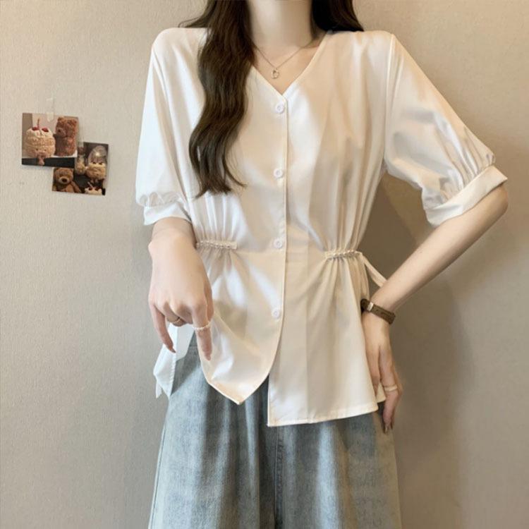 YYFS Dámská móda Ležérní Léto Jaro Jednobarevný potisk Halenky a košile s krátkým rukávem a výstřihem do V