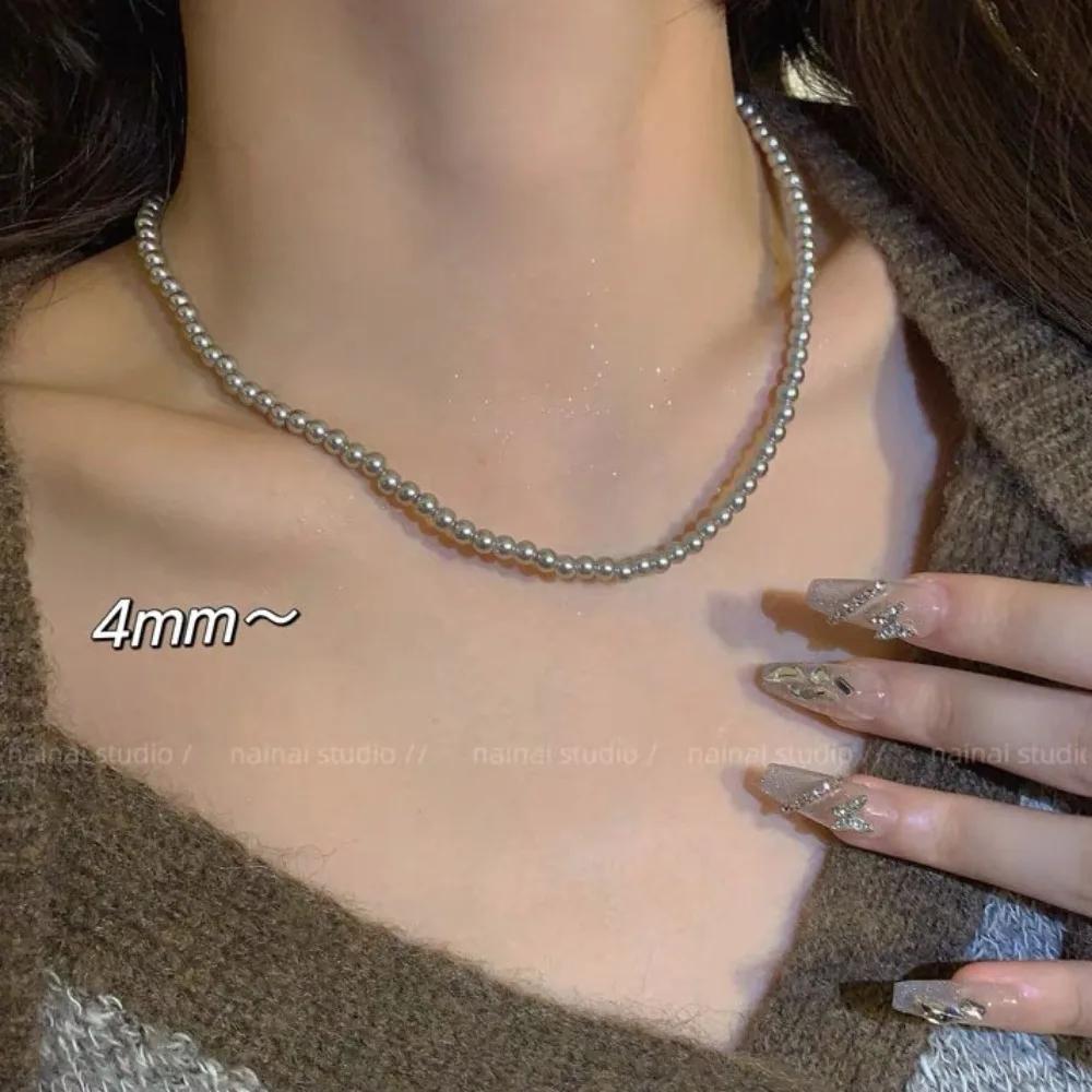 

Temperament Gray Pearl Beaded Necklace for Women Retro Light Luxury Fashion 2026 New Sweater Chokers Chain Jewelry Accessories