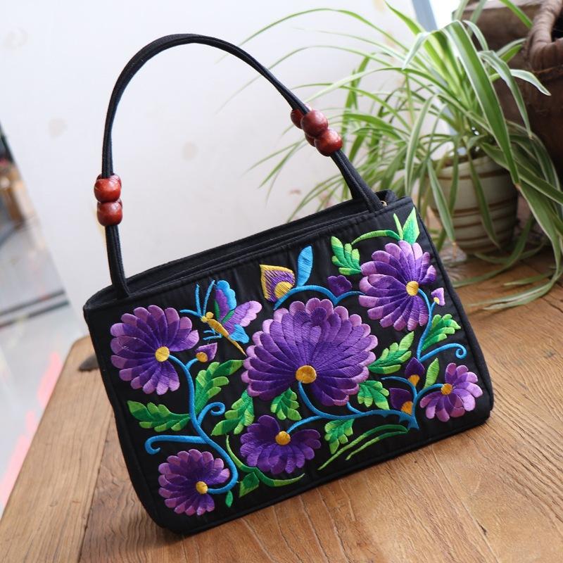 

2026 New Fashion Embroidery Women Small Handbags National Floral Embroidered Lady Top-handle Bags Single-layer Beading Falp Carrier фіолетовий