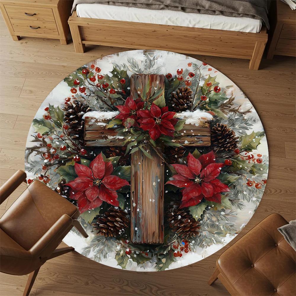 1pc Christmas wreath cross Round Chair mat office Area Rug - Non-Slip, Floor Mat for Office, Bedroom, Ideal home decor gift c0112132