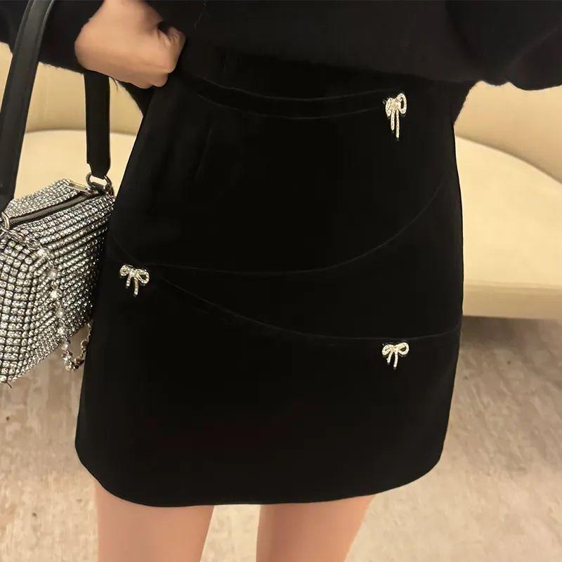 Women s High-Waisted Beaded A-Line Velvet Skirt with Bow Knot - Slim Fit, Black, Autumn/Winter L чёрный