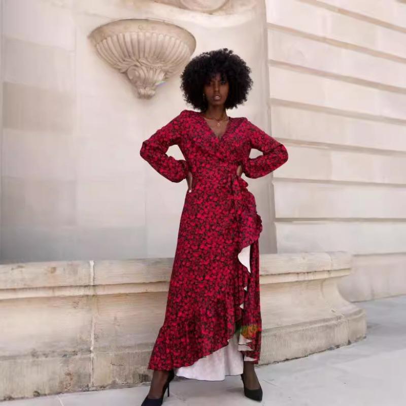 Herbst Damenkleid V-Ausschnitt Langarm Print Unregelmäßiges Kleid