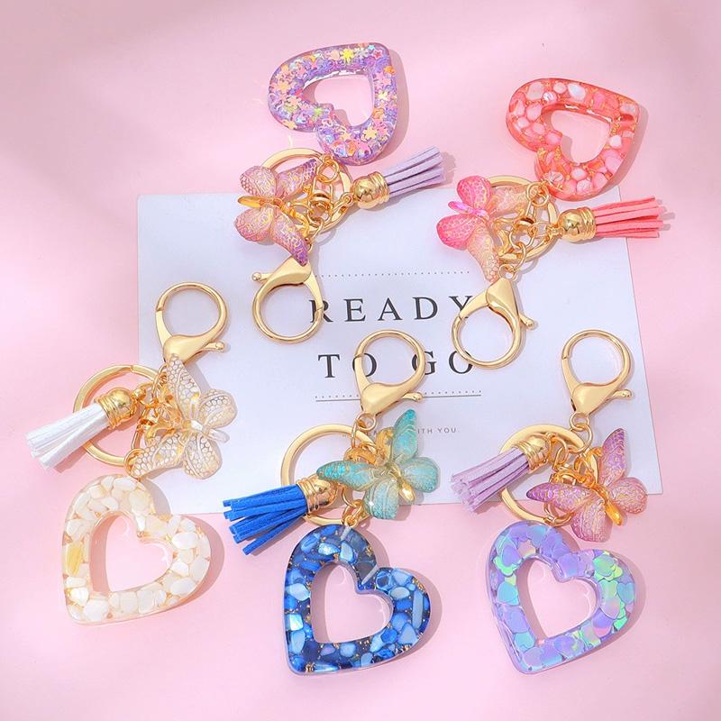 1PC Keyring Creative Butterfly Tassel for Wallet Handbag Love Heart Car Key Accessories Resin Keychain Crystal