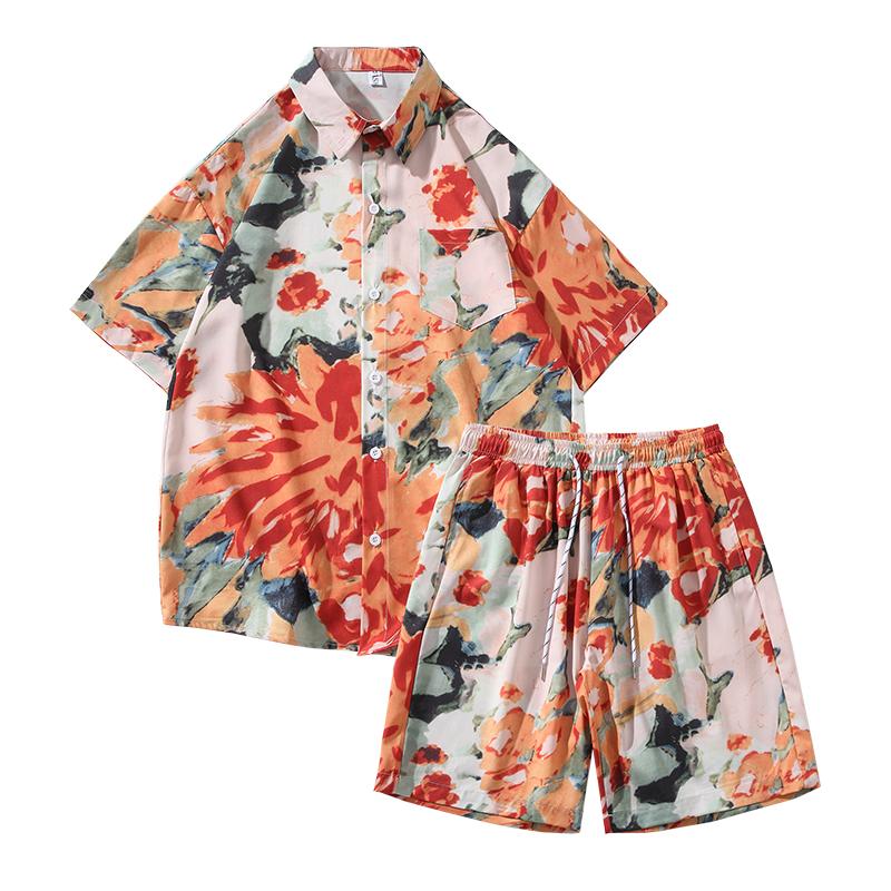 

Мужские гавайские пляжные комплекты: однобортная рубашка с коротким рукавом и шорты, повседневный летний наряд для отпуска и путешествий 5XL оранжевый