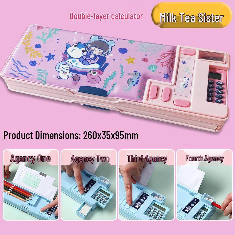 Creative Double-Sided Pencil Case with Calculator for Primary Students