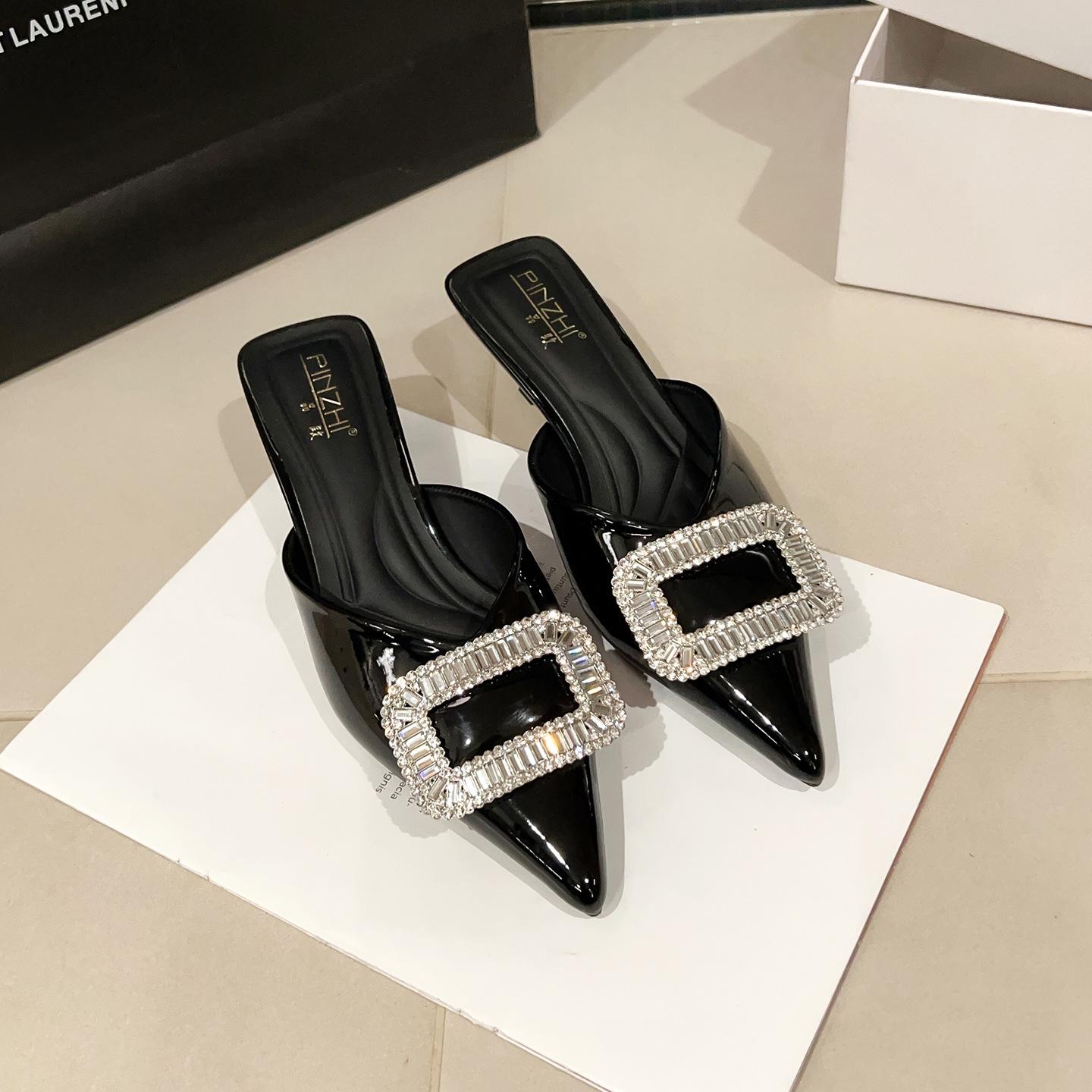 Summer 2026 French Diamond Buckle Pointed Toe Sandals - Thin Heel Closed Toe Mules F45-B16 40