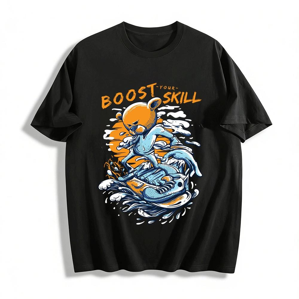 Boost Your Skill Bear Surfing Graphic Trendy Casual T-Shirt Pure cotton T-shirt