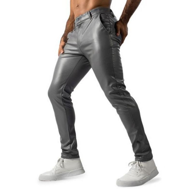 Pantaloni Lunghi Casual Skinny Elasticizzati Slim Fit in Ecopelle PU da Uomo